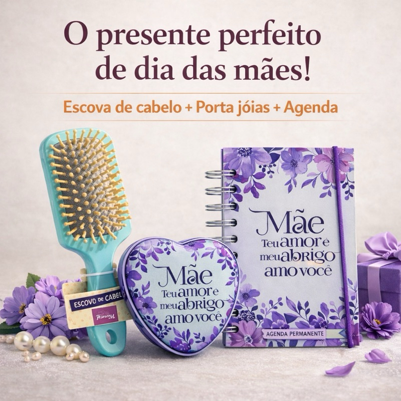 PRESENTE DIA DAS MÃES ANIVERSARIO | KIT FEMININO COM AGENDA + ESCOVA + PORTA JOIAS | PRESENTE CRIATIVO | MULHER ESPOSA