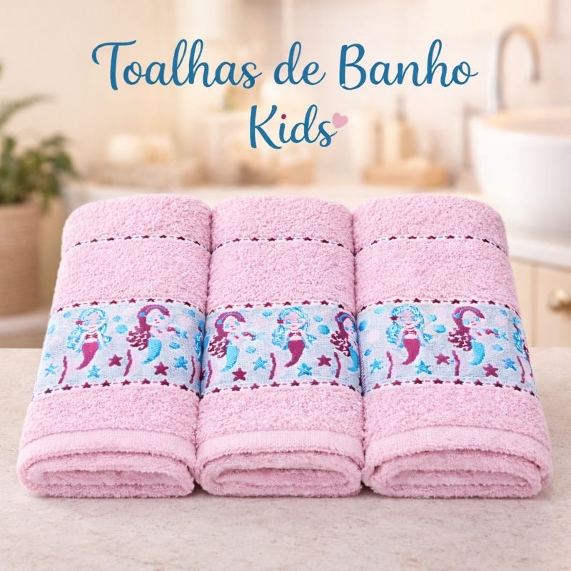 Kit 3 Toalhas Infantil Sereia Rosa 100% Algodão 1,10m x 62cmToalha Kids