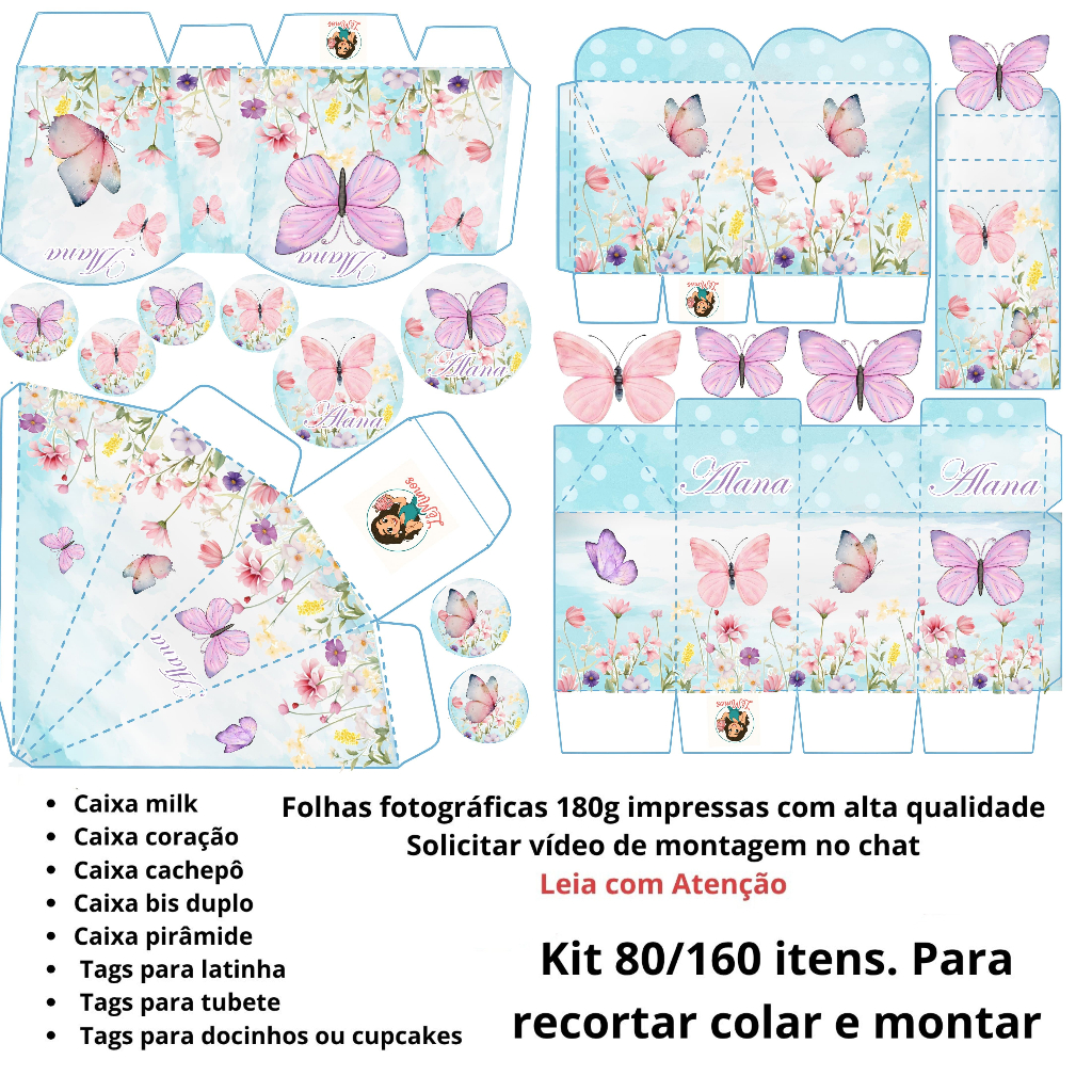 Kit Lembrancinhas Jardim das Borboletas 80/160 Itens (Recorte/Cola) + PERSONALIZADO (Nome/Idade) em Oferta na Shopee