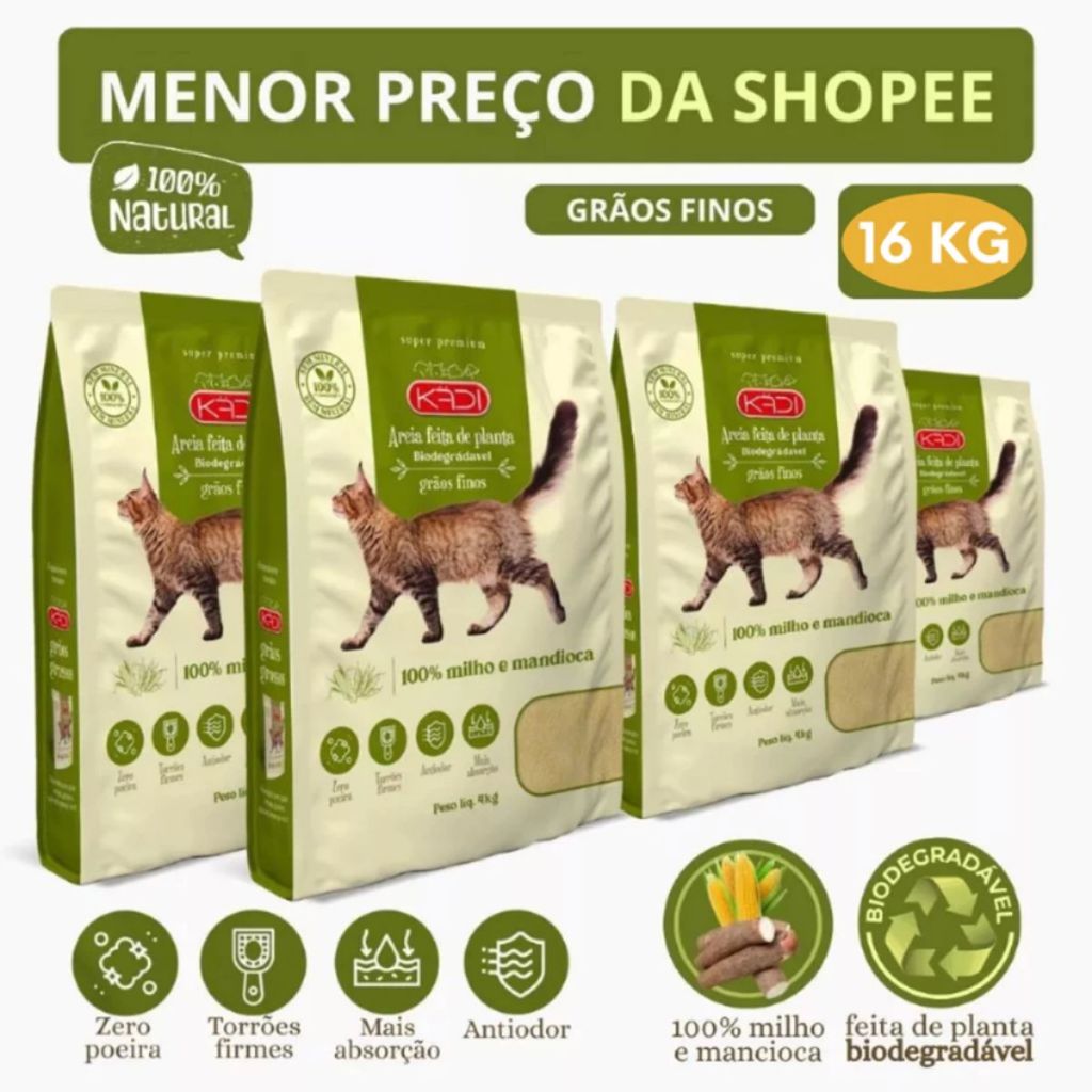Areia Biodegradável Kadi Grãos Finos Gato 16 KG Grão Fino CatBio Milho Mandioca (4 pacotes de 4 kg)