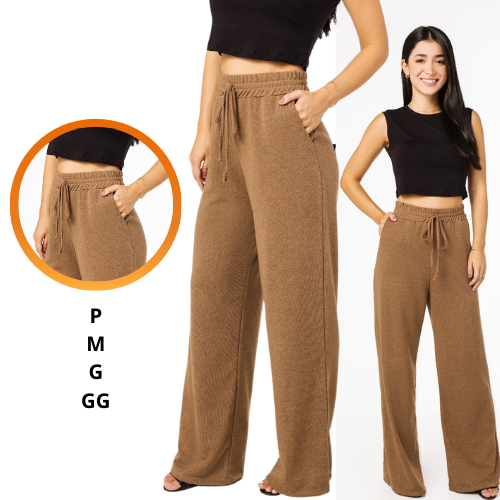 Calça Pantalona Feminina Com Bolso Cintura Alta