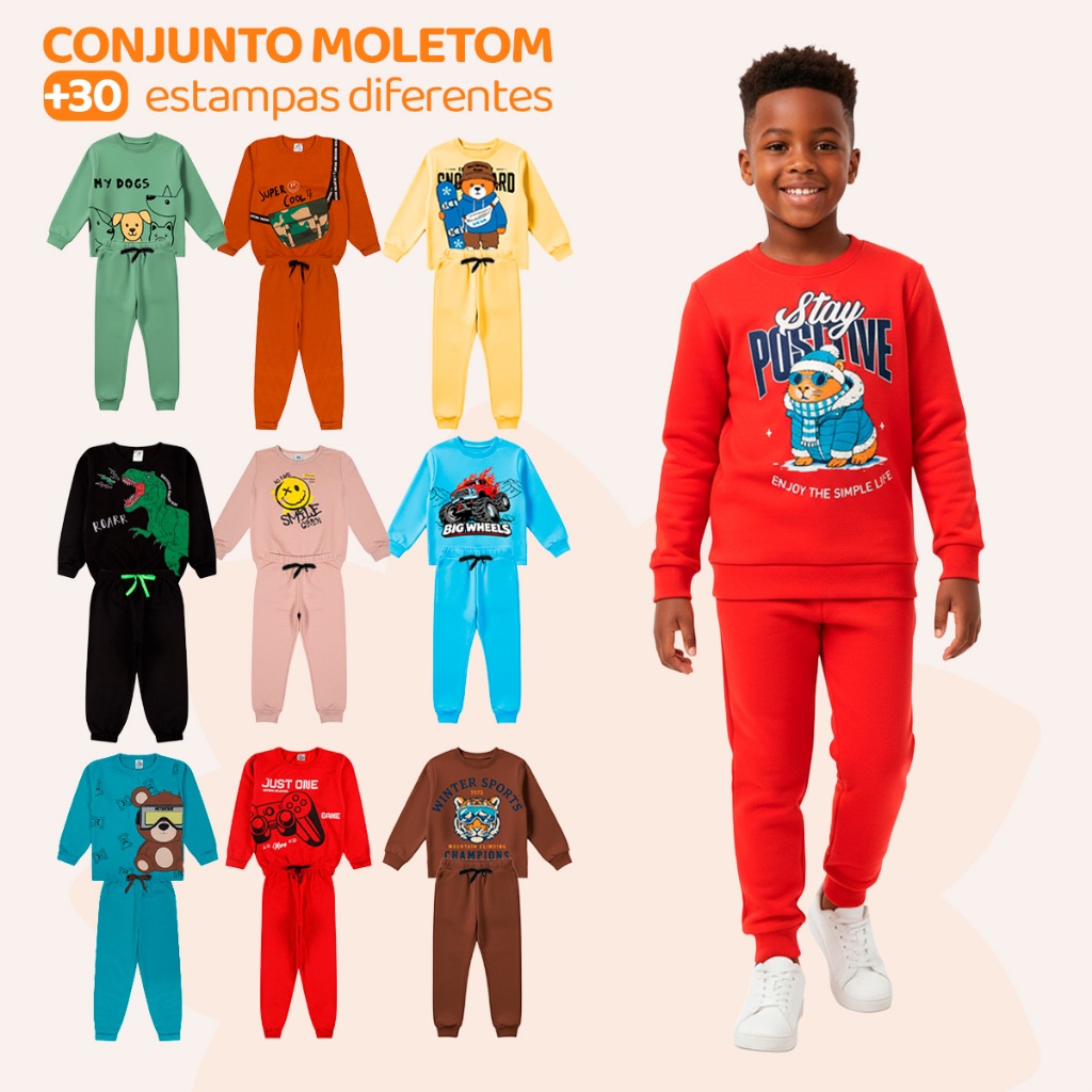 Kit Sortido 2 Peças de Roupas Masculino Infantil Inverno – 1 blusa casaco + 1 calça de 1 ao 10 – Kit 1 Conjunto Moletom