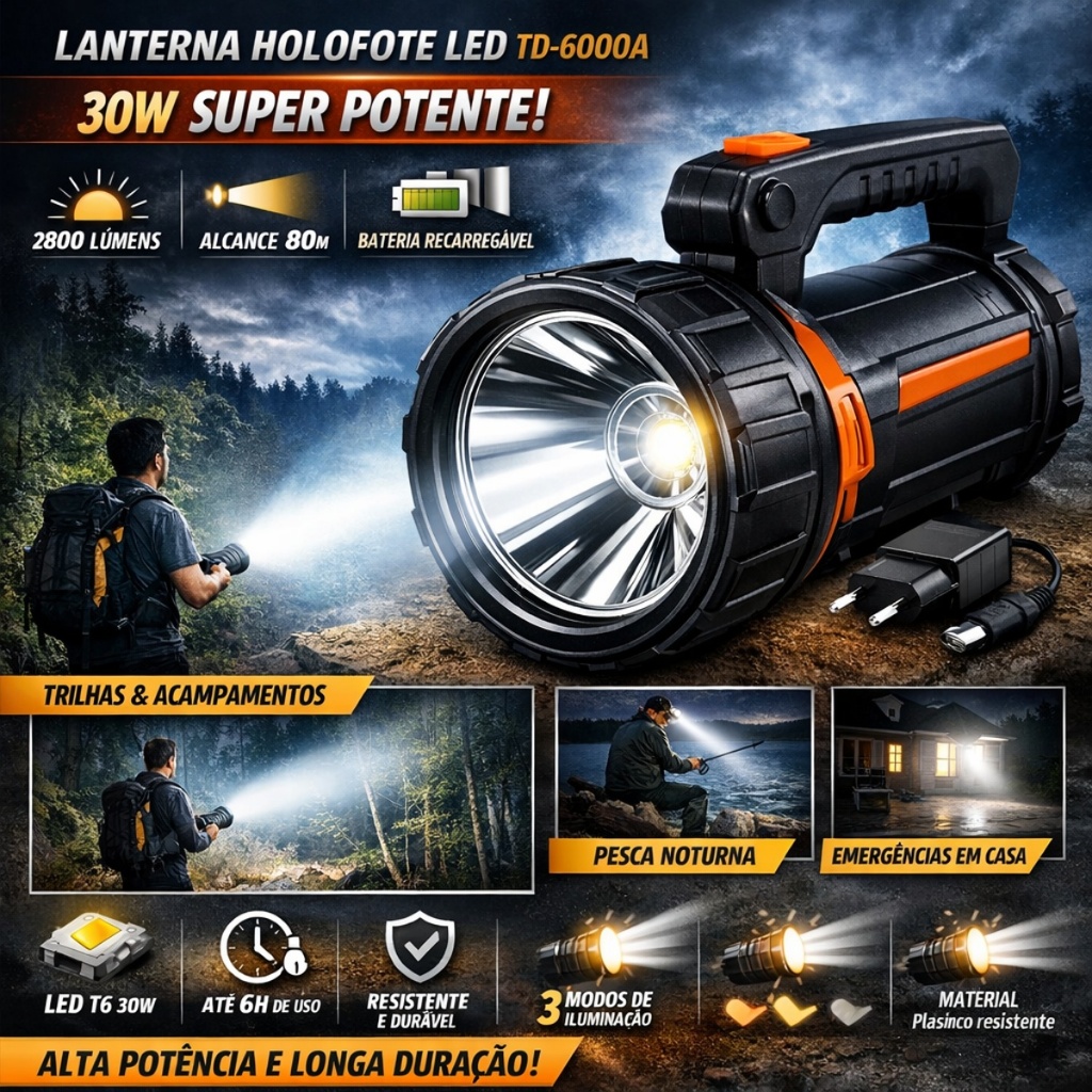 Lanterna Holofote LED T6 30W Recarregável Bivolt BM-6000A Preto  Pesca, Trilha e Camping javali caça