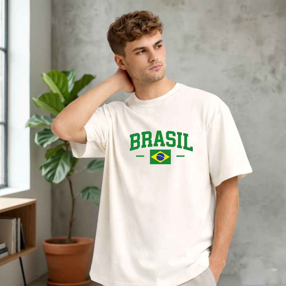 Camiseta Oversized Estampa Brasil Estilo Streetwear Algodão Premium Unissex T-Shirt Lançamento Brasil Core Blogueiro