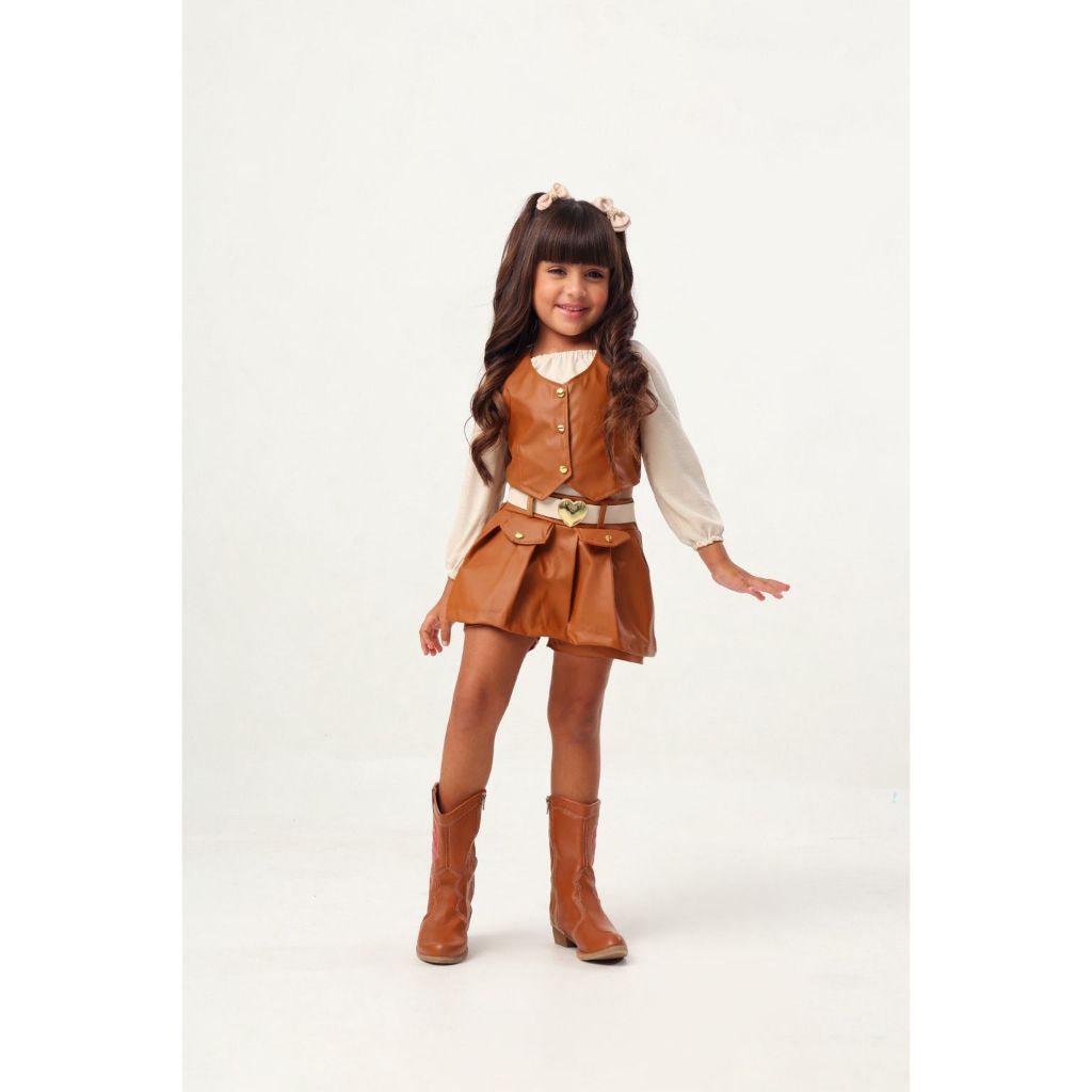 Fadinha Kids - Conjunto Infantil Menina Couro Ecológico Luxo Short Saia e Colete