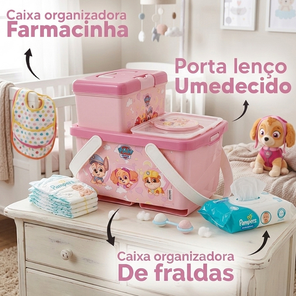 Kit Higiene Infantil Patrulha Canina 3 Peças Bebê Enxoval Lenço Fralda Caixa Organizadora