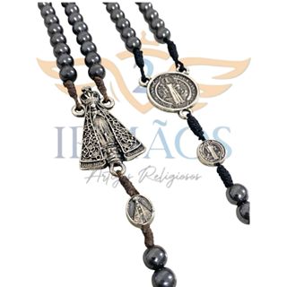 Kit 01/02/03/04/05 unidades - Terço Católico de Hematita São Bento / Nossa Senhora Aparecida - 35 cm em Oferta na Shopee