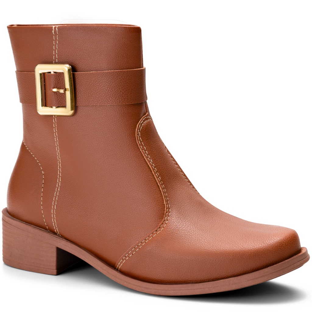 Bota Feminina Lumiss Cano Baixo Montaria Rasteira Fivela Caramelo