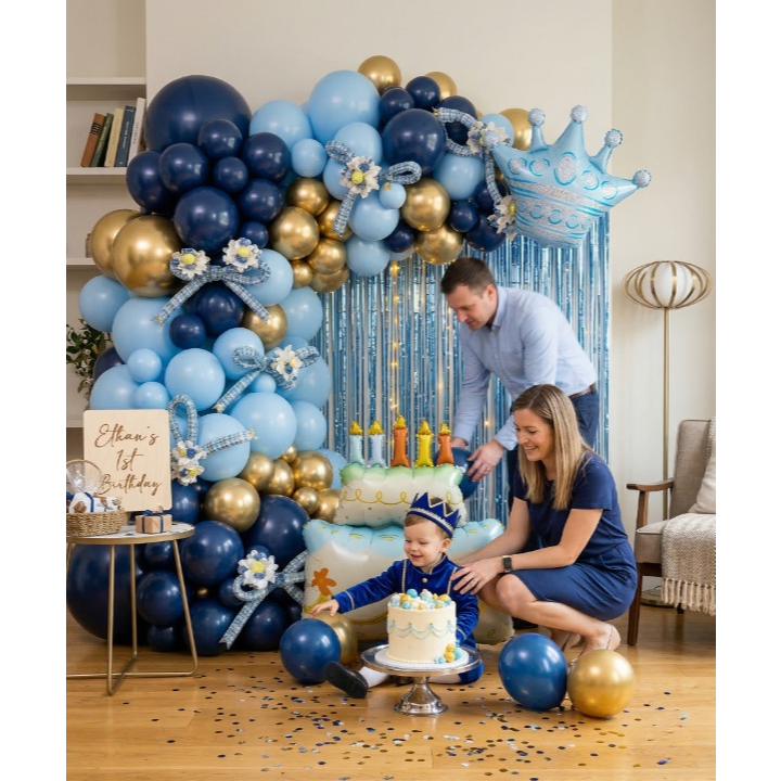 Kit de Balões Azul e Dourado 58 Pcs Arco Desconstruído com Coroa Cortina Feliz Aniversário Luxo