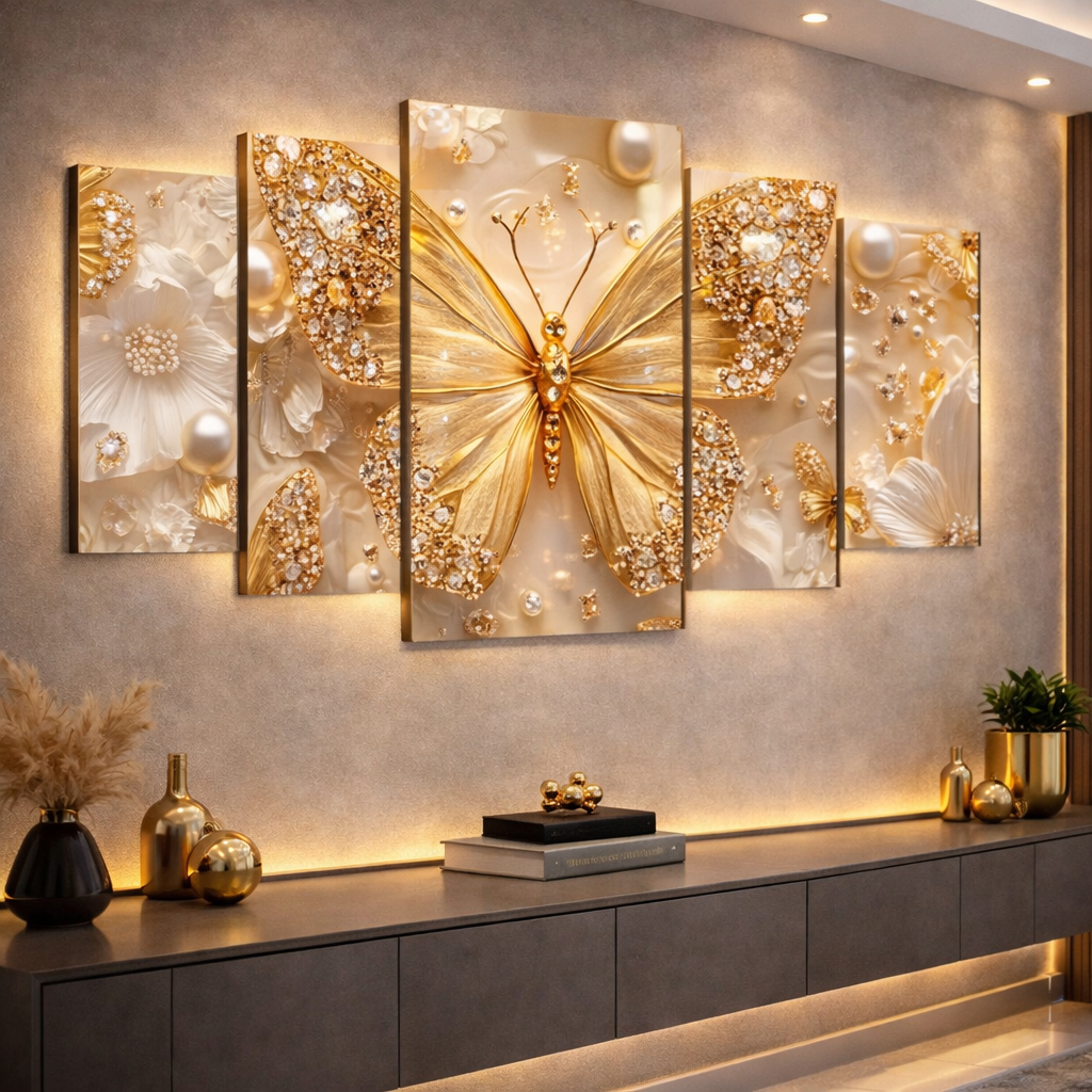Quadros Decorativos Mosaico 5 Peças Borboleta Delicada Luxuosa Dourada Pérola para Sala Qu...
