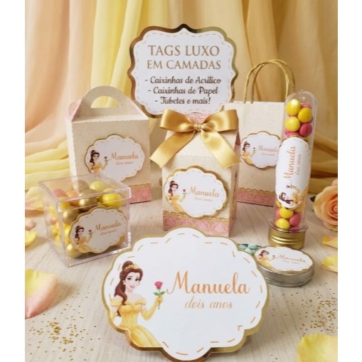 Tag Personalizada Princesa Bela para Lembrancinhas | Festa Infantil Princesa | Tag para Tubete, Caixinha Acrílica