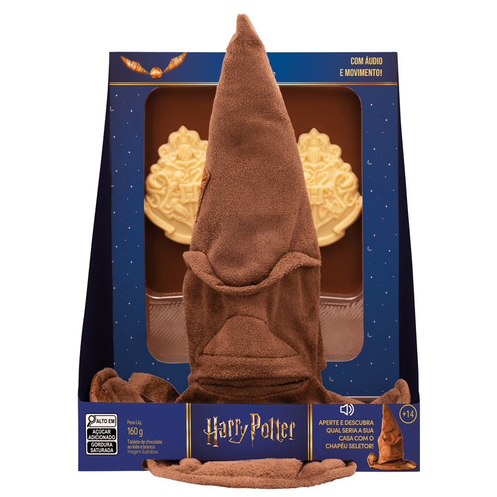 Chocolate ao Leite Harry Potter com 1 Pelúcia do Chapéu Seletor – 160g | 3 Tabletes Cacau Show - Sem pilhas