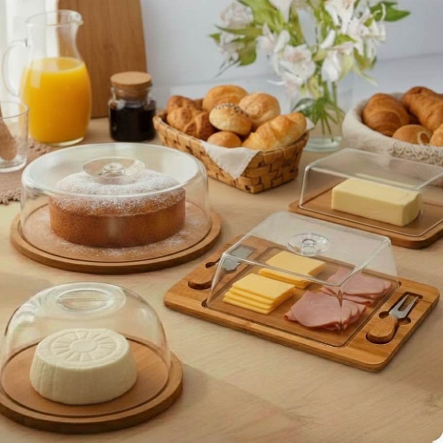 Kit Café da Manhã 4 Itens Boleira + Mantegueira + Porta Frios + Queijeira em BAMBU Mesa Posta luxo em Oferta na Shopee