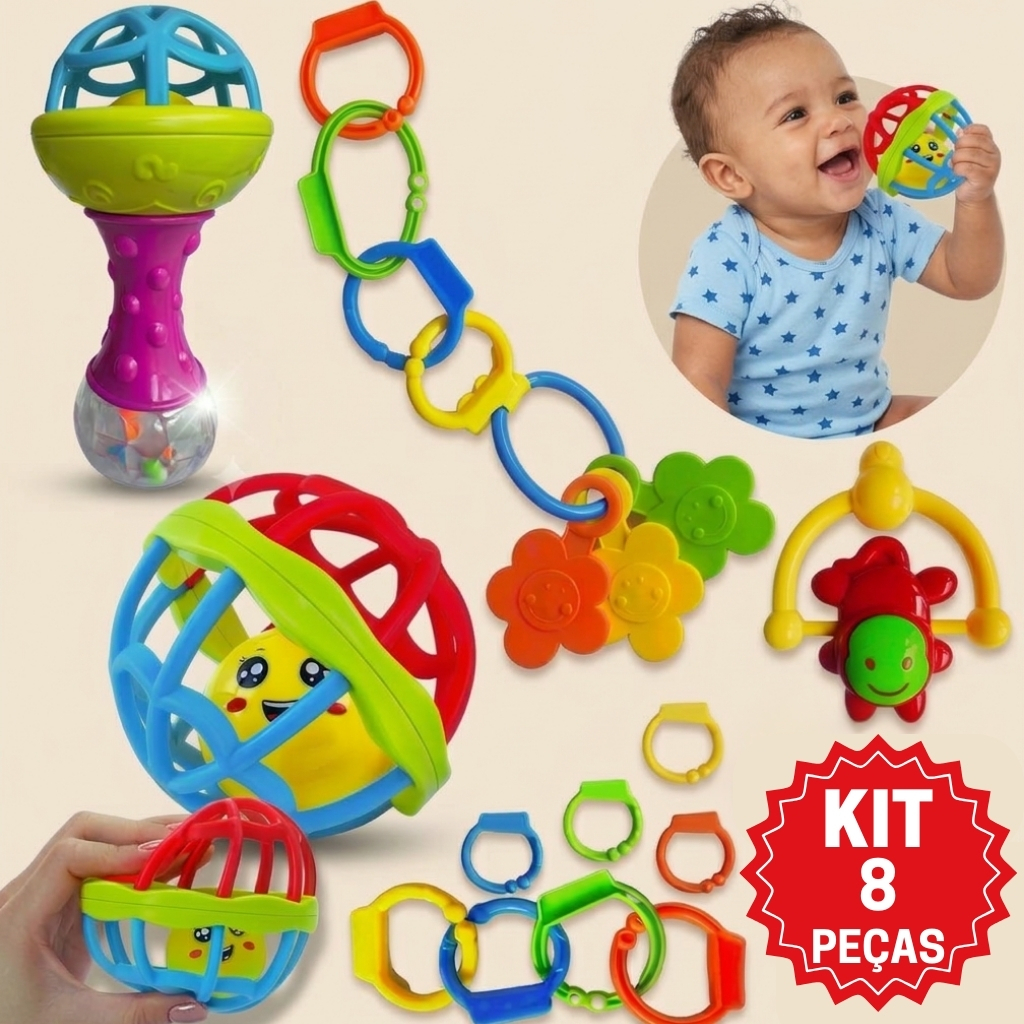 Kit 8 Brinquedos Bebe Sensorial Mordedor Chocalho Silicone Macio Presente para Menino Menina