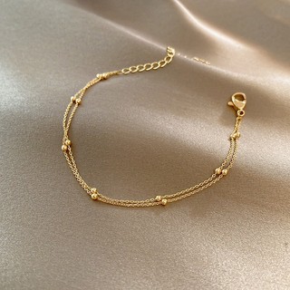 Aço inoxidável banhado a ouro 18K que não desbota, comprimento 17+5 cm, pulseira de camada dupla com contas redondas, ad