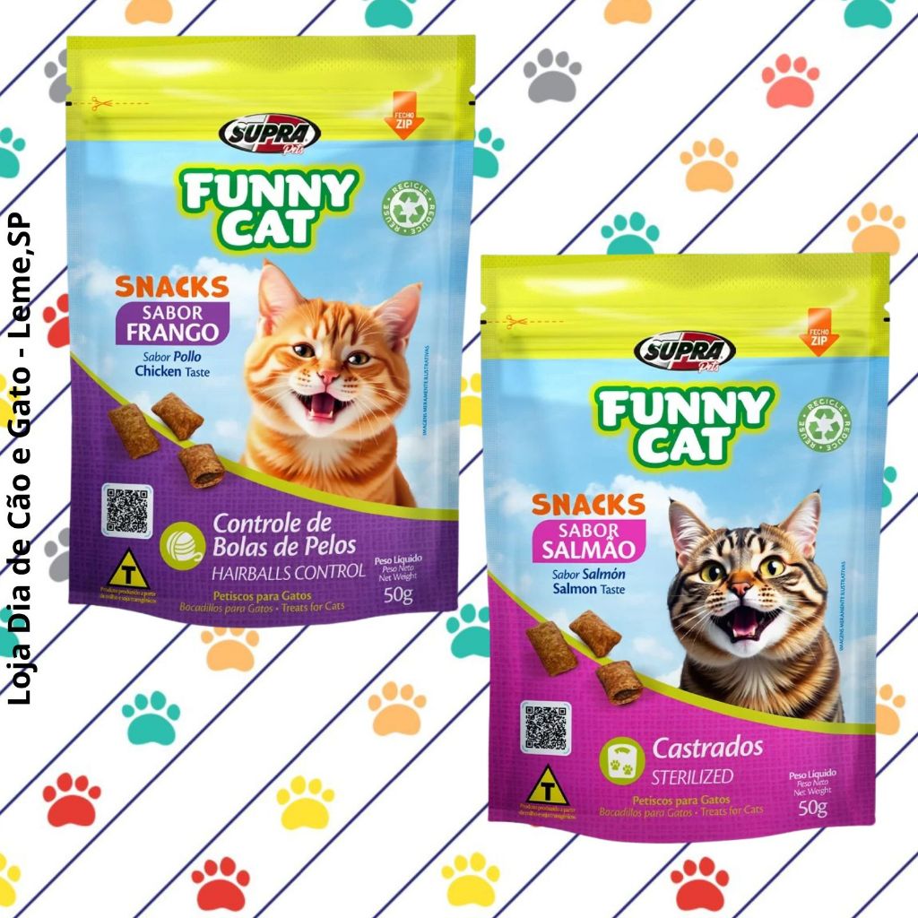 Kit 1 a 5 - FUNNY CAT 50g - Petisco para Gatos similar ao Party Mix (Frango ou Salmão)