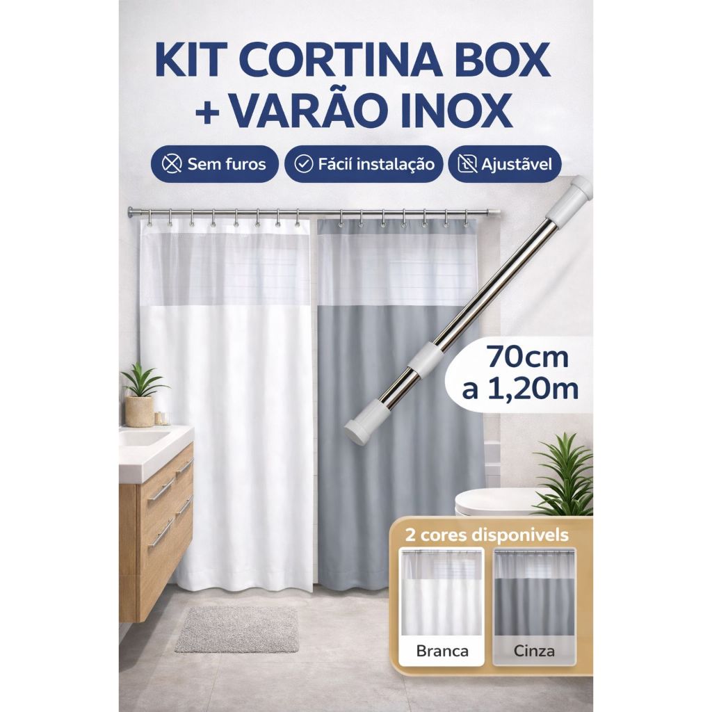 Cortina Box em Vinil Para Banheiro Anti Mofo Com Ganchos e  Visor  Plast Leo + Varão Extensível Em Inox