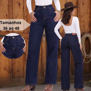 Calça Jeans Feminina Cintura Alta Wide Leg Pantalona Elastano 36 ao 48 Premium Confortável LUXO em Oferta na Shopee