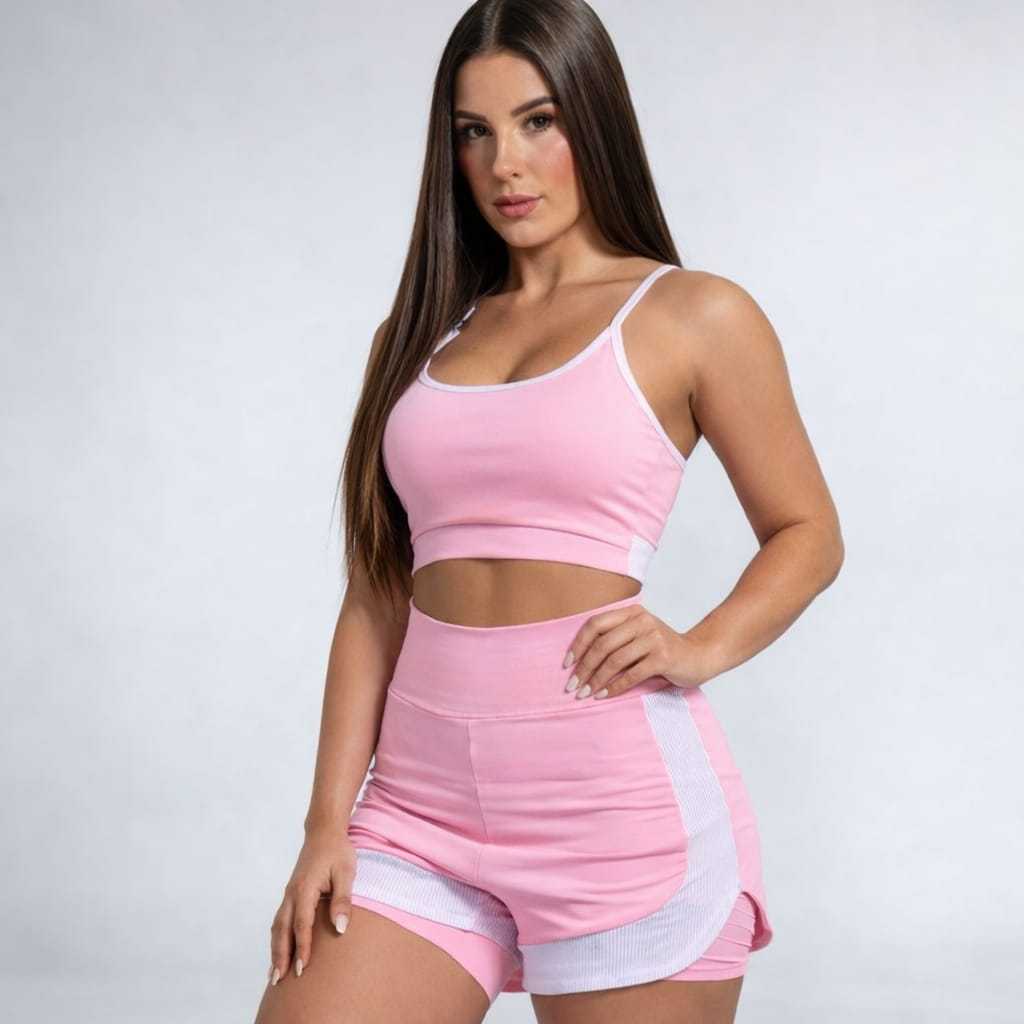 Conjunto Academia Feminino Short Duplo Cintura Alta +Top Fitness Treino Corrida Academia Moda Fitnes