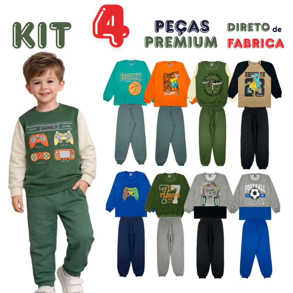 Kit 4 peças Infantil Menino Inverno Moletom Felpado 2 Conjuntos Roupa Infantil Tam 4 6 8 10