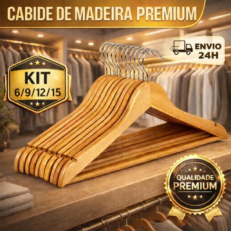 Kit 6 9 12 15 Cabide Madeira Premium Reforçado Grande Organizador Guarda Roupa Closet Lojas Marfim