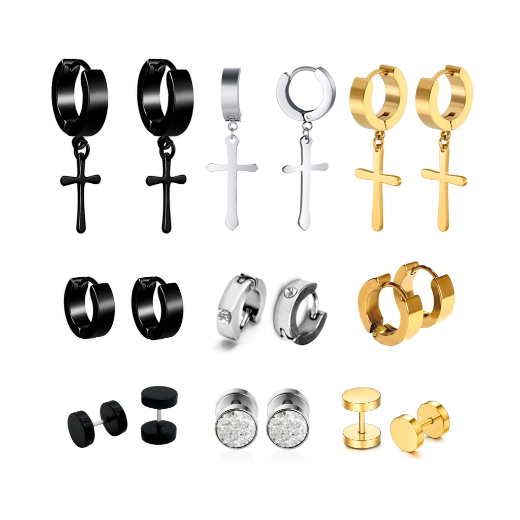 Kit 9 Pares Brincos Aço Inox Masculino Feminino Argola Cruz Alargador Antialérgico Prata Preto Dourado Unissex Presente