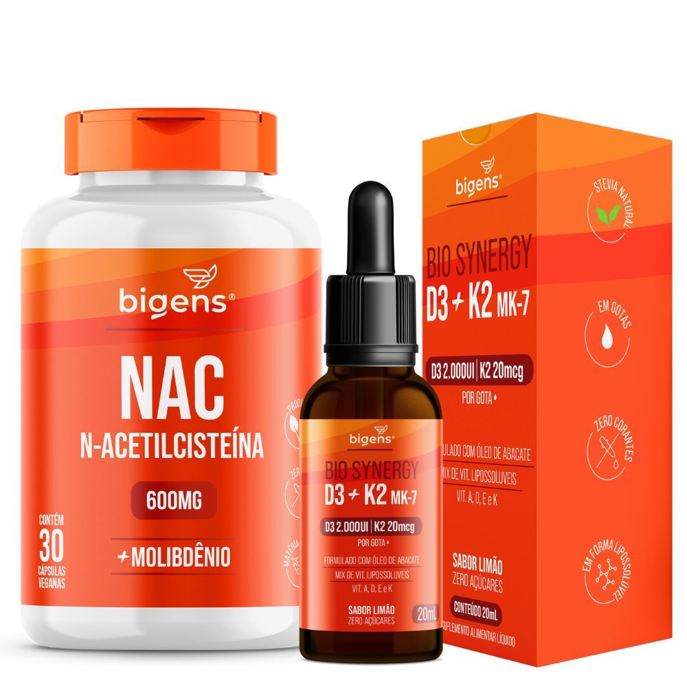 Kit NAC 600mg + Bio Synergy, D3 2000ui + K2 Mk7 20mcg | N-Acetilcisteína | Antioxidante Imunidade Ossos 30 Cáps + Gotas