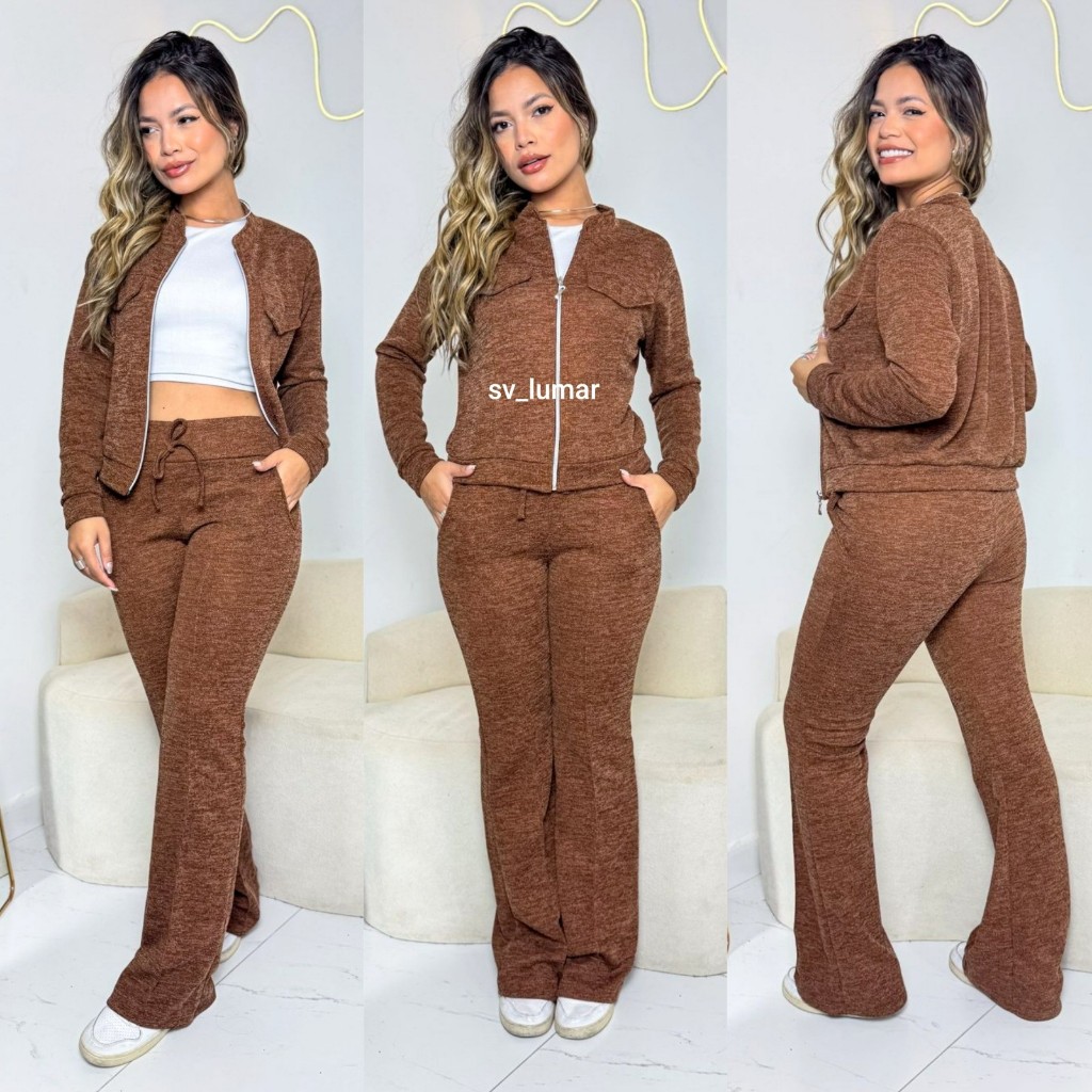 Conjunto Femenino Lanzinha Ribi Canelada 2 Peças – Casaco com Zíper e Calça Pantalona Flare com Bolsos