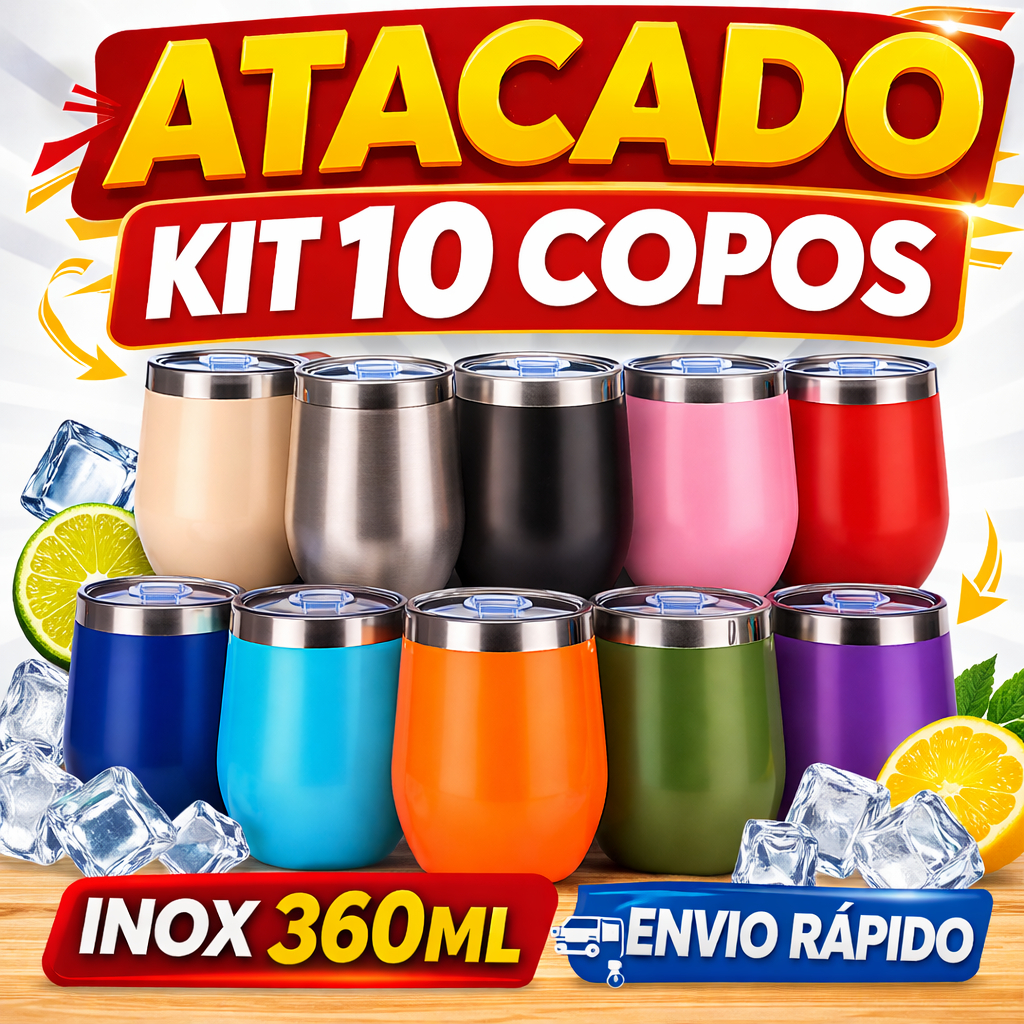Kit 10 Copos Térmicos Cuia Ovo 360ml com Tampa Acrílica Inox | Bebida Quente Fria Lancheira Várias Cores Envio Imediato