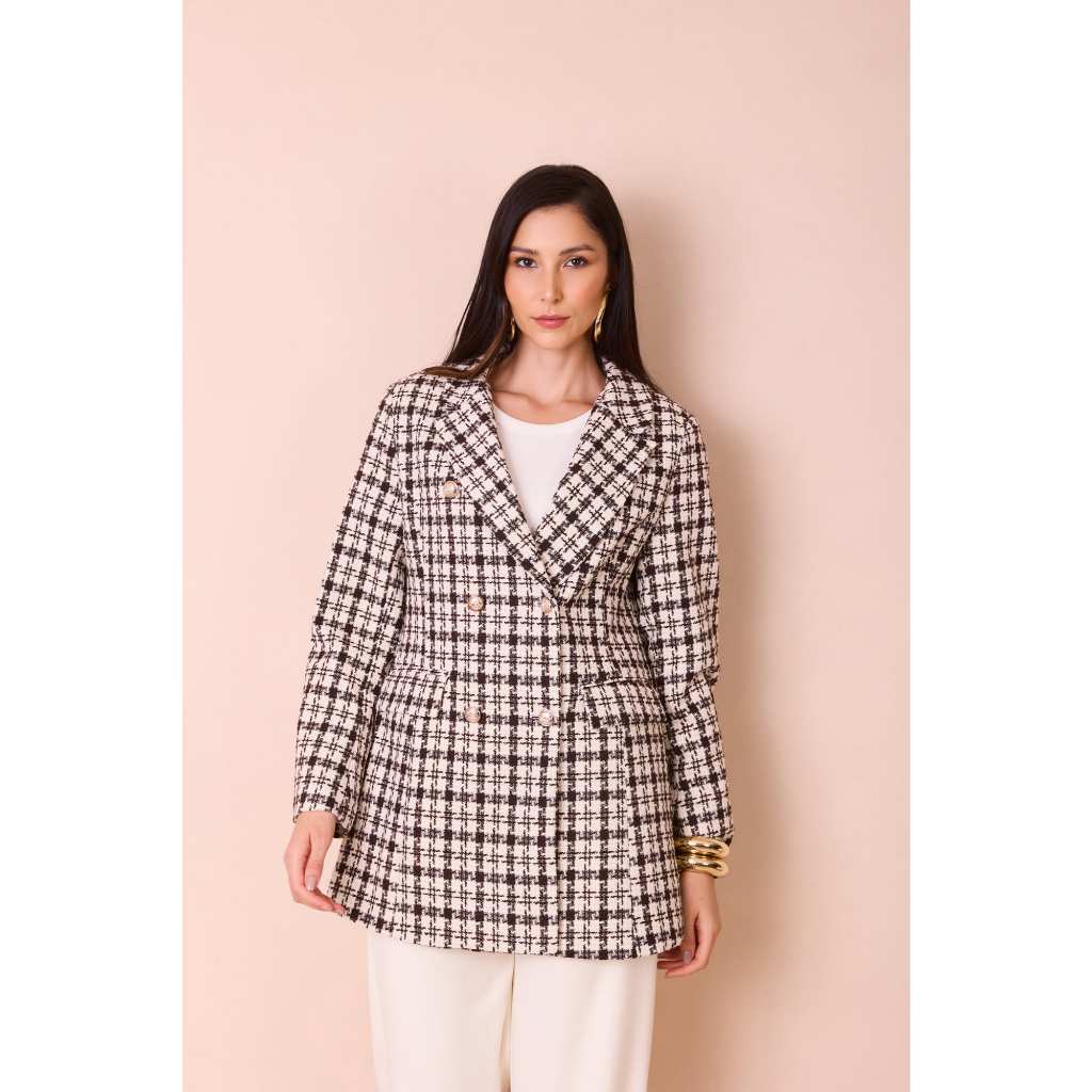 Casaco Blazer Feminino Tweed Forrado Premium Abotoamento Duplo com Bolso Moda Casual Elegante