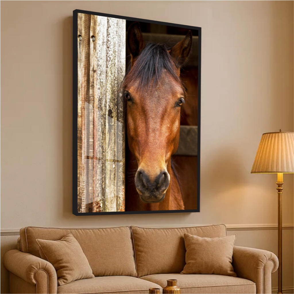 Quadro Moldura e Vidro Tamanho Grande Animais Cavalo Tons Marrom Bege Decoração Sala Chácara Fazenda