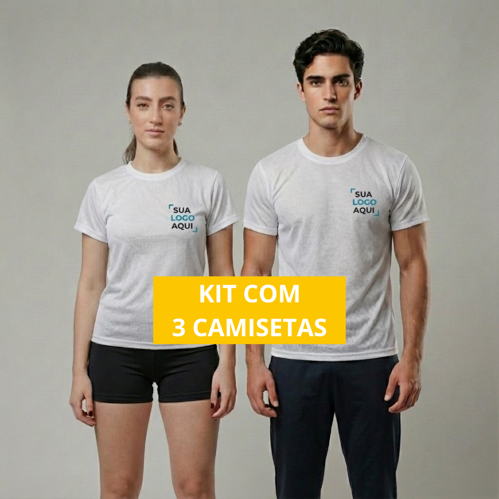 KIT 3 Camisetas Brancas DRY FIT Estampadas Personalizadas Com Sua Logo Respirável Térmica UV