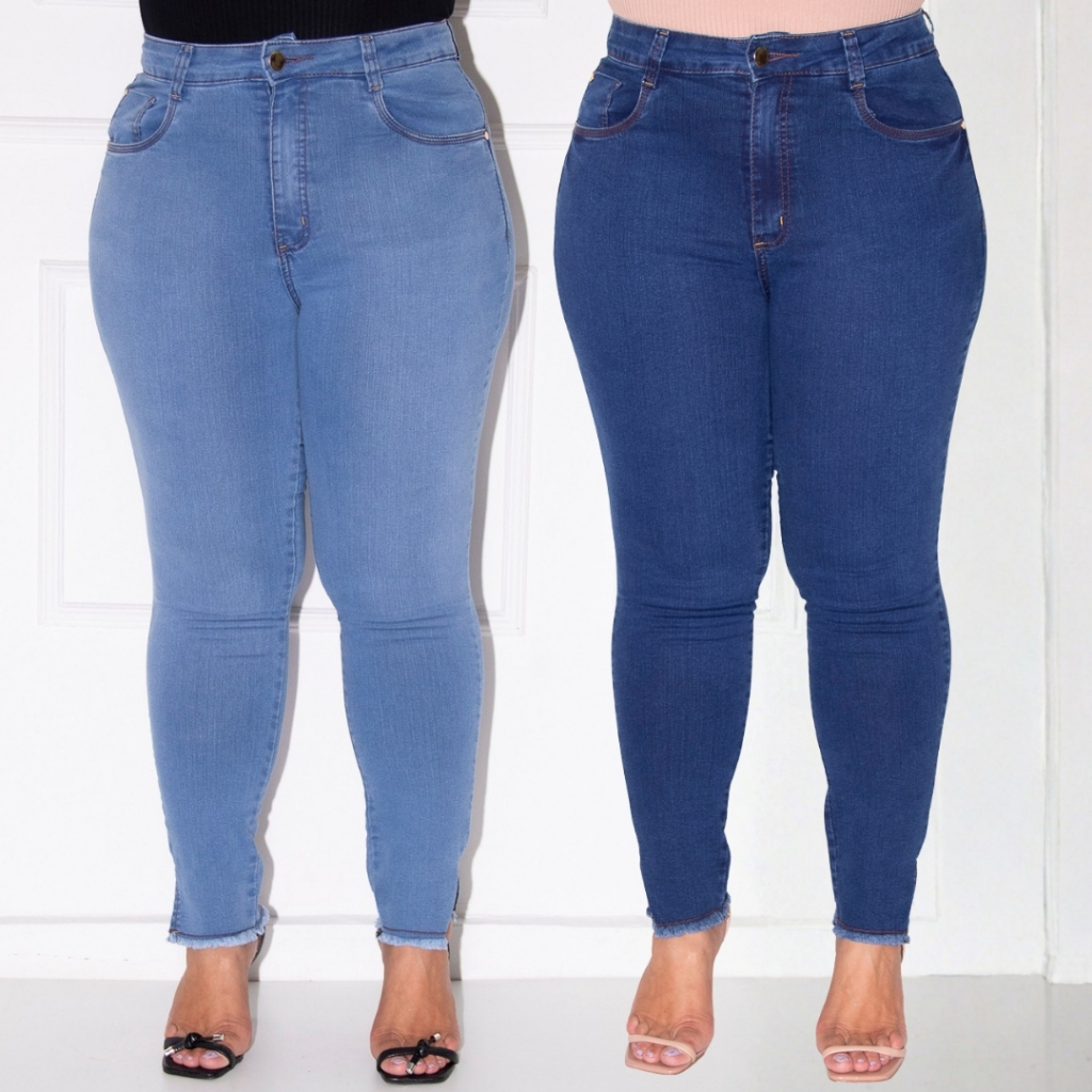 Calça Jeans Skinny Barra Desfiada Plus Size