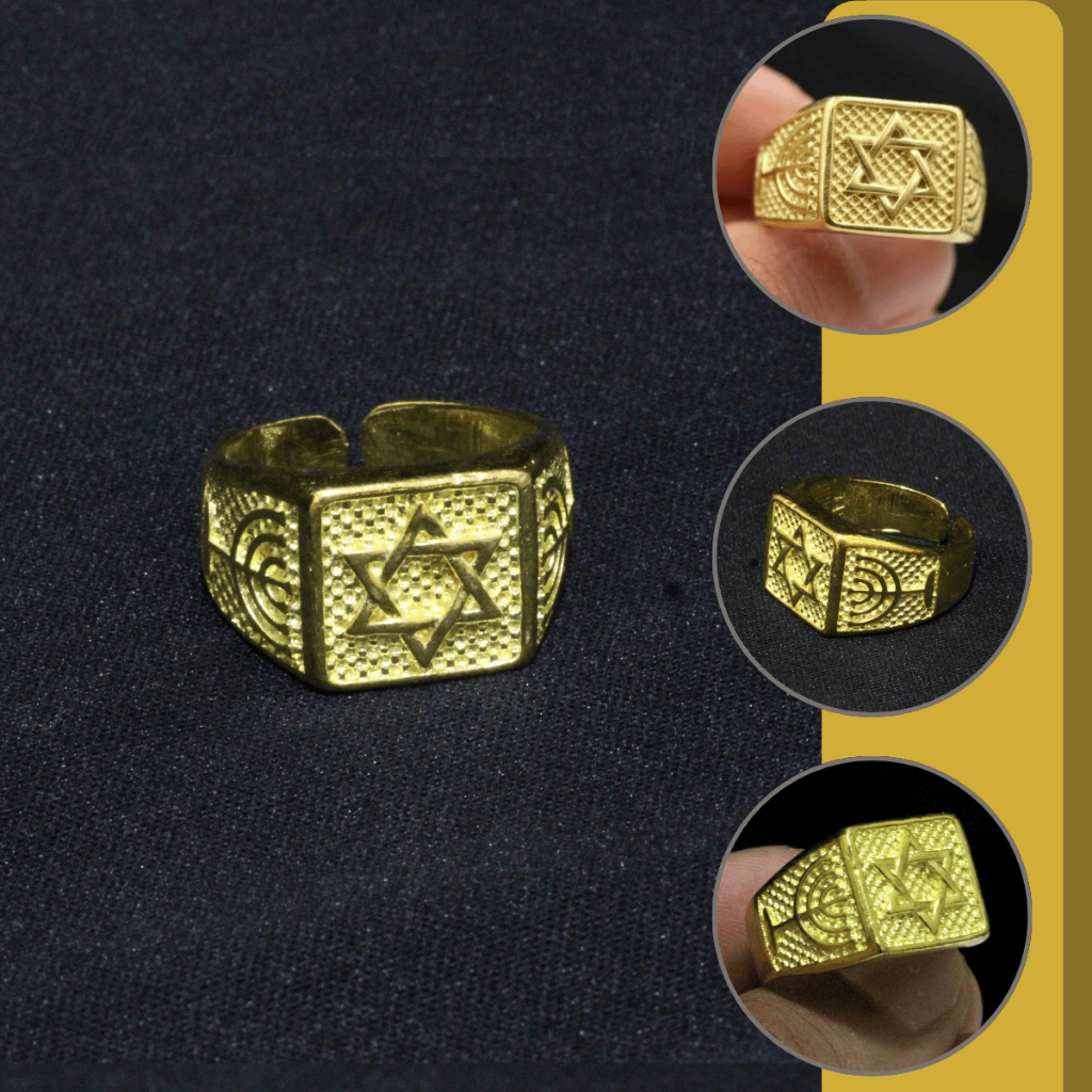 Anel Dedeira Moeda Antiga Estrela Davi Ouro18k Cravejado Fé Judaica Ajustável Salomão Masculino Luxo