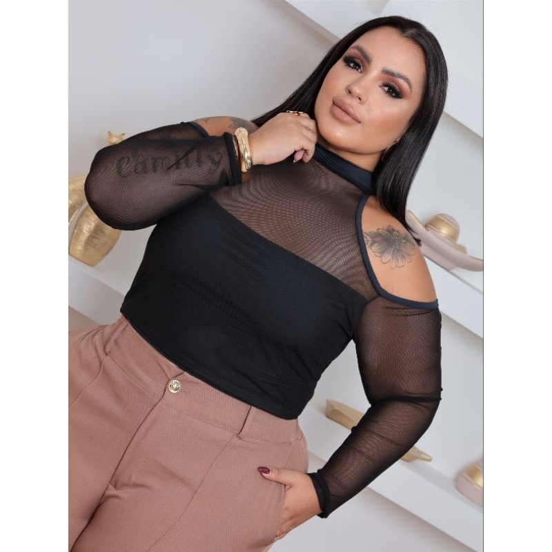 Blusa cropped tule manga longa gola alta em Oferta na Shopee