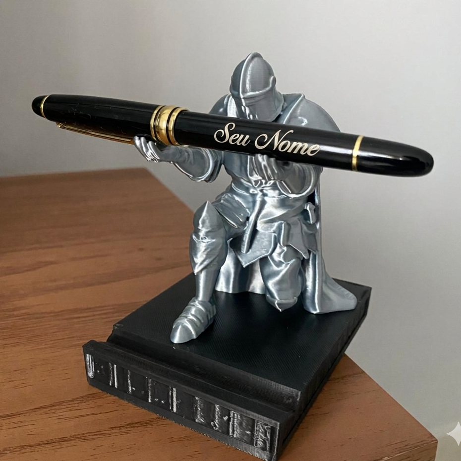 Caneta Personalizada + Porta Caneta Prateado Medieval - Presente de Formatura