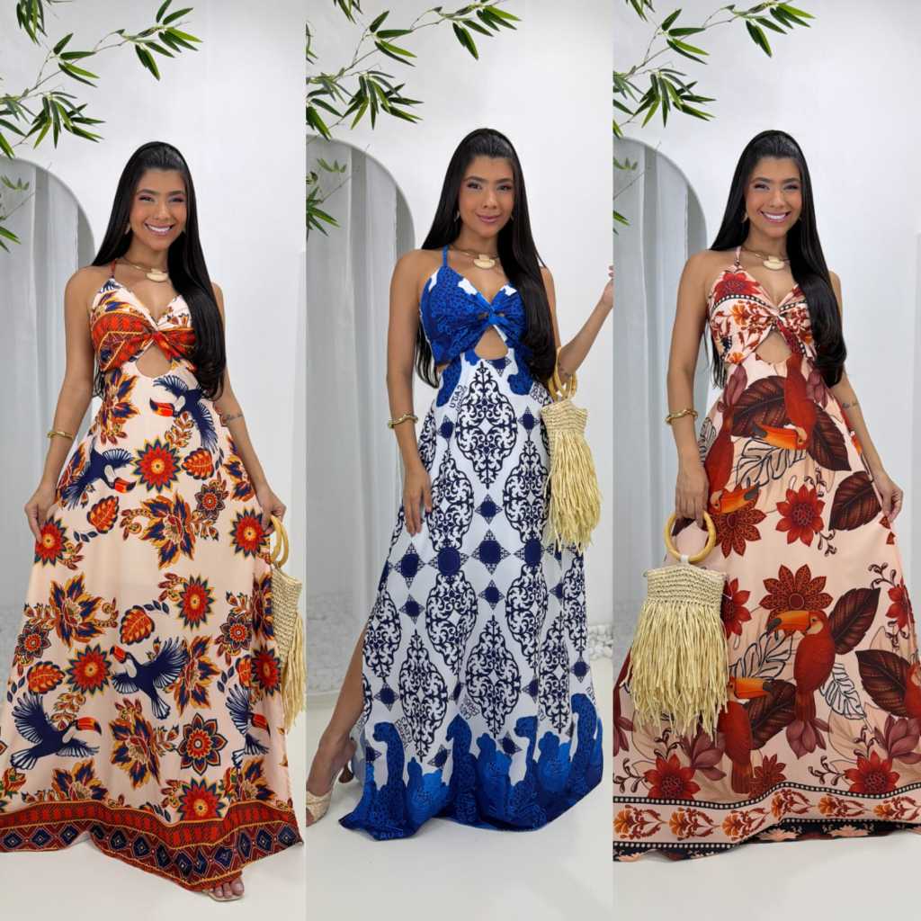 Vestidos Longo Com FORO e BOJO, Feminino Estampado Decote Variados super confortáveis e leves qualidade e durabilidade em Oferta na Shopee