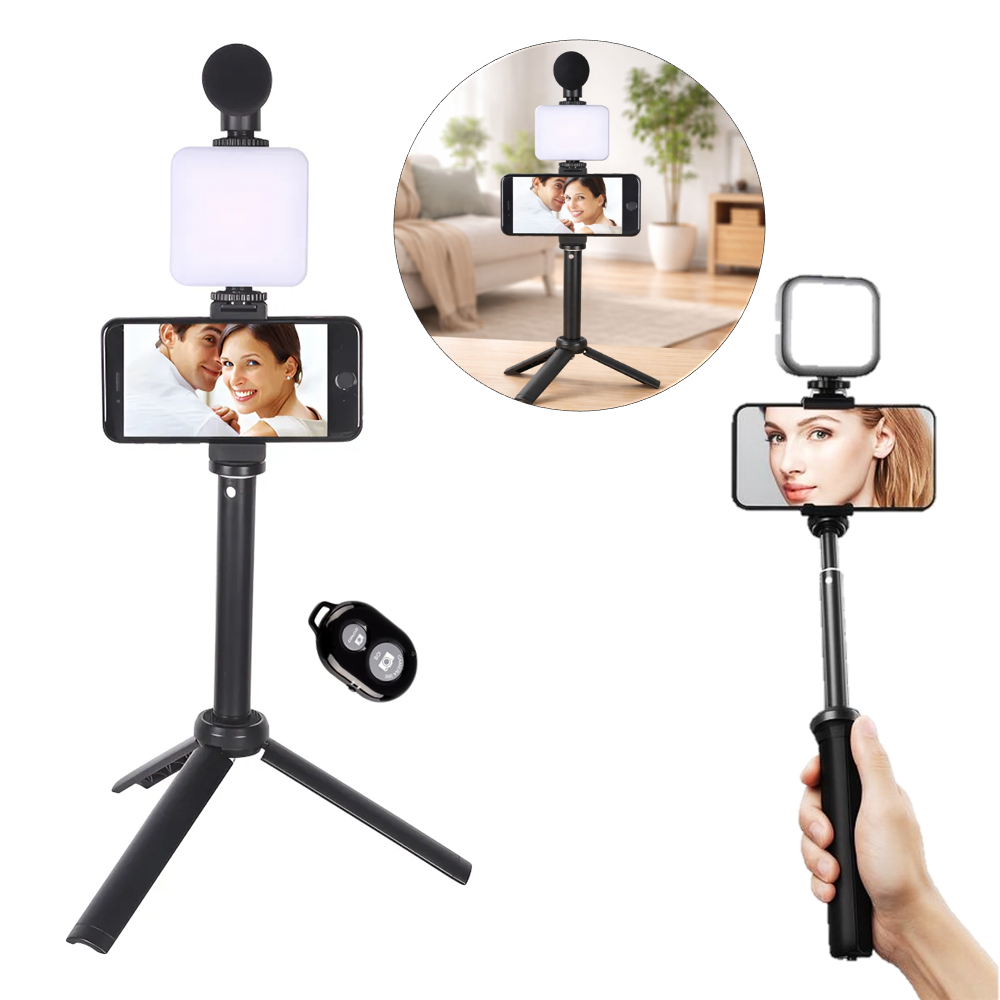 Tripé Retrátil Bastão Selfie com Controle Bluetooth, Luz LED e Microfone MTG4444