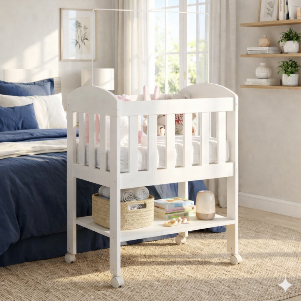 Mini Berço Bia 100% MDF com Colchão, Rodízios, Prateleira e Suporte para Mosquiteiro Carolina Baby