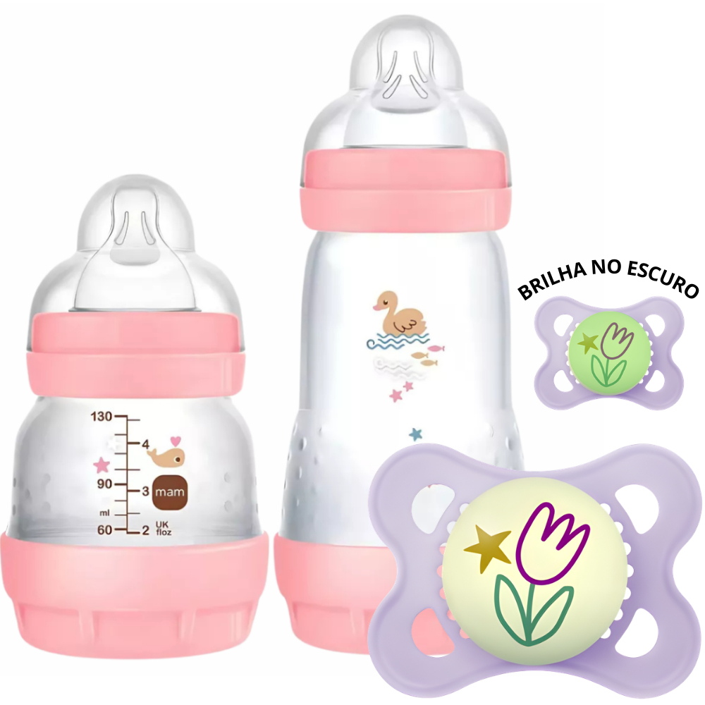Kit Sono Alimentação Essencial Mam Mamadeiras Easy Start Anticolica + Chupeta Night 0-6 Meses Brilha Escuro