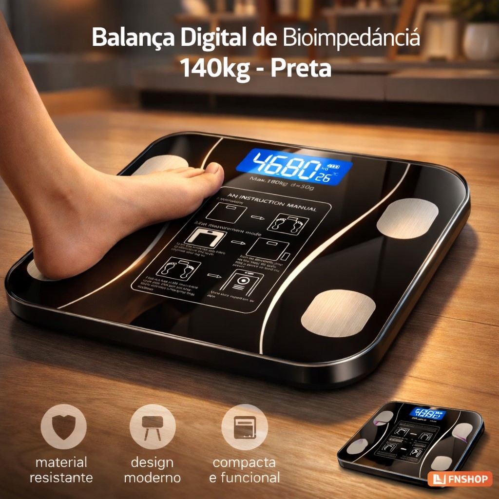Balança Digital Bioimpedância Bluetooth 140kg Smart App Android iOS Gordura Corporal Fitness
