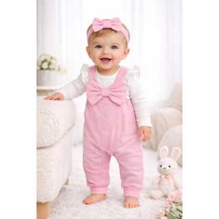 Jardineira Romper Longa detalhe laço para bebê menina em Oferta na Shopee