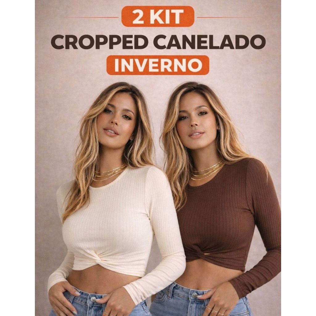 blusa feminina Kit 2 Cropped Manga Longa Inverno Ribana Canelada Gola Redonda Manga cumprida