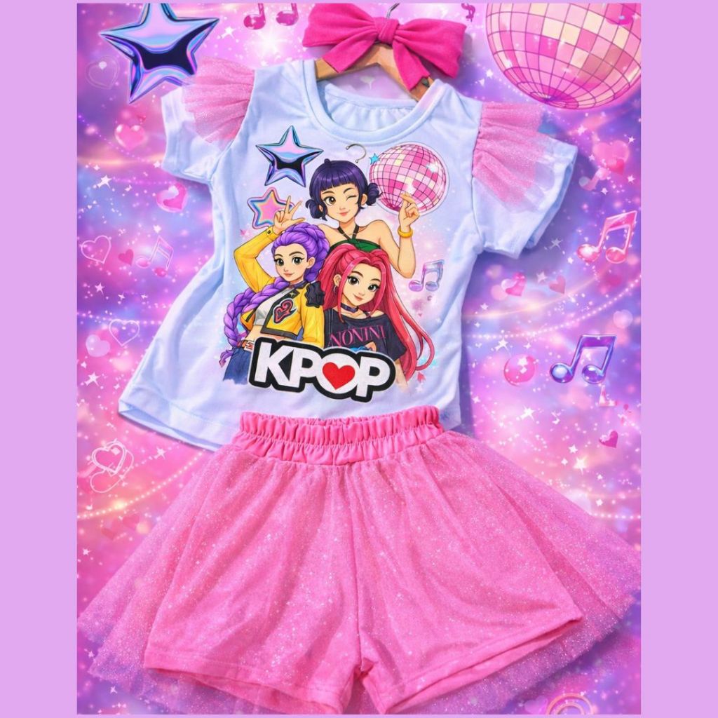 Guerreiras K-pop- Blusa Manga Tule e Shorts Tule em Oferta na Shopee