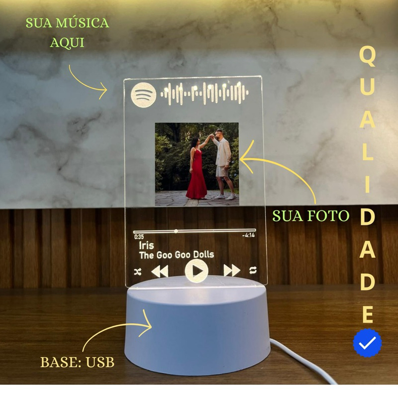 Luminária LED Personalizada Spotify com Sua Foto e Música | Presente Criativo Romântico | USB ou Pilhas