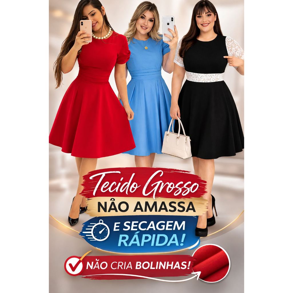 Vestido Plus Size Moda Evangélica Social Rodado godê Azul Midi Vermelho