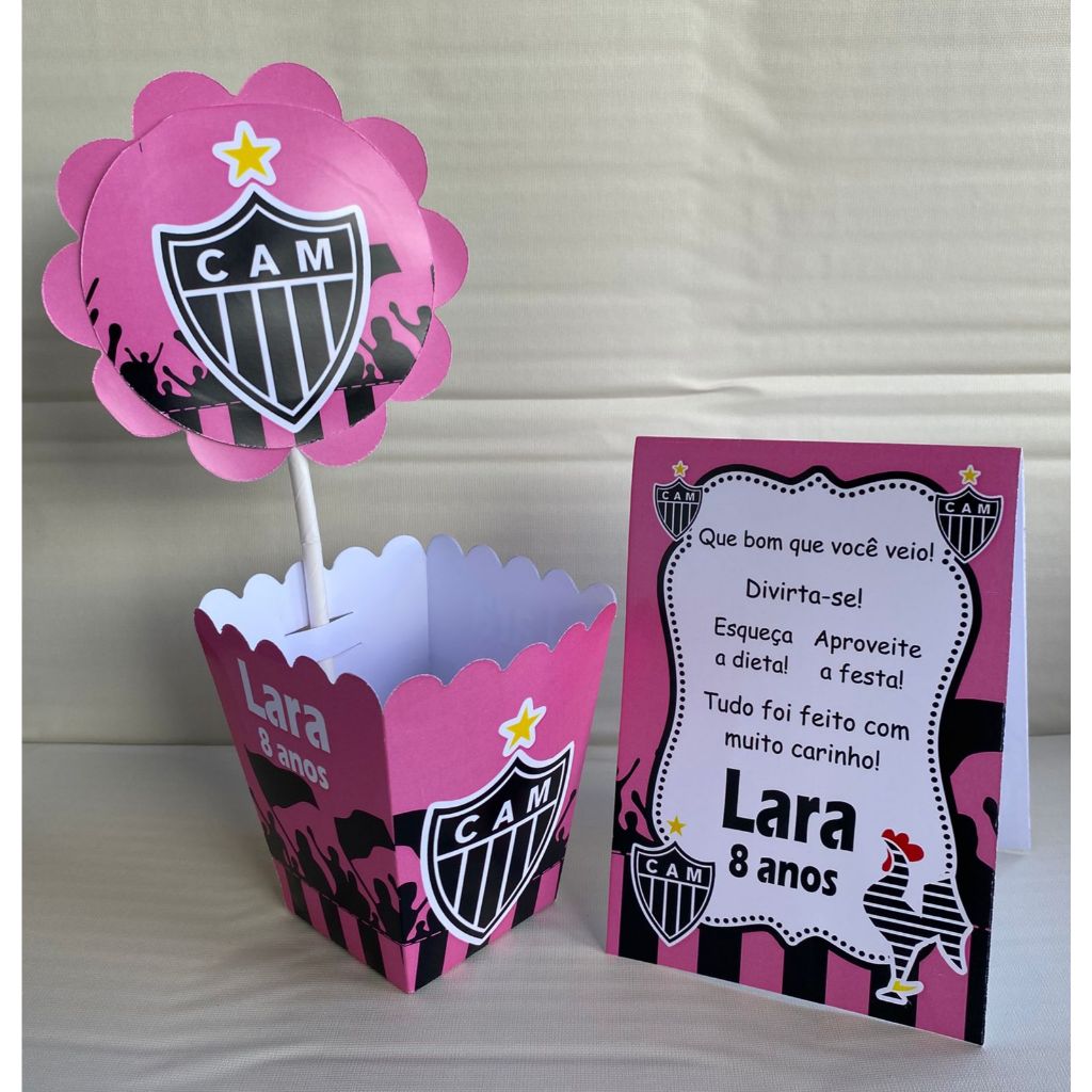 Kit Centro de mesa Clube Atlético Mineiro Galo Rosa Personalizado com Nome | Cachepot Festa Infantil Aniversário Chá