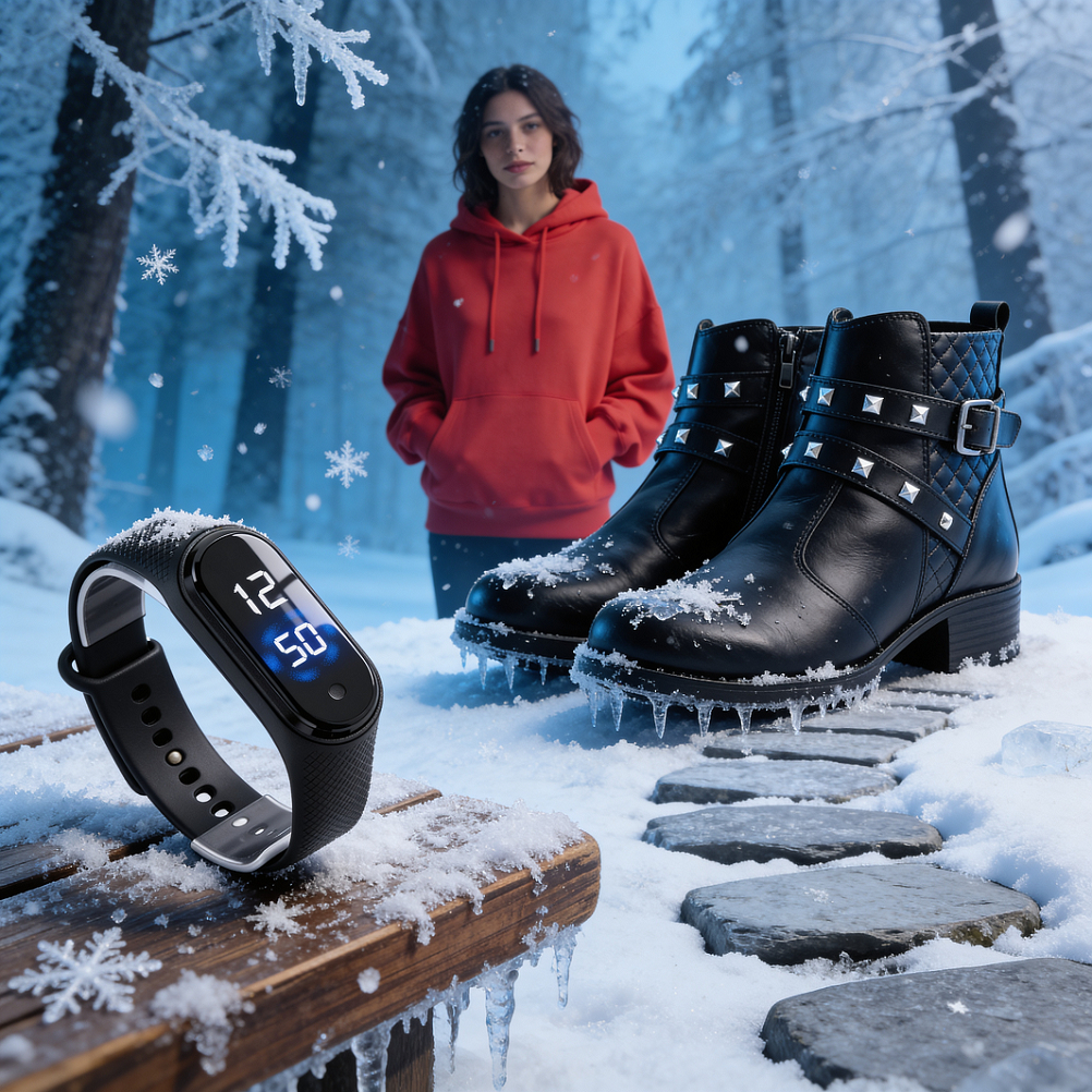 Kit Feminino Inverno 3 Peças Moletom Vermelho + Bota Preta Com Tachas+ Smartband