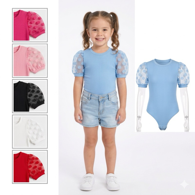 Body canelado infantil com Manguinha em Renda. Colan infantil.