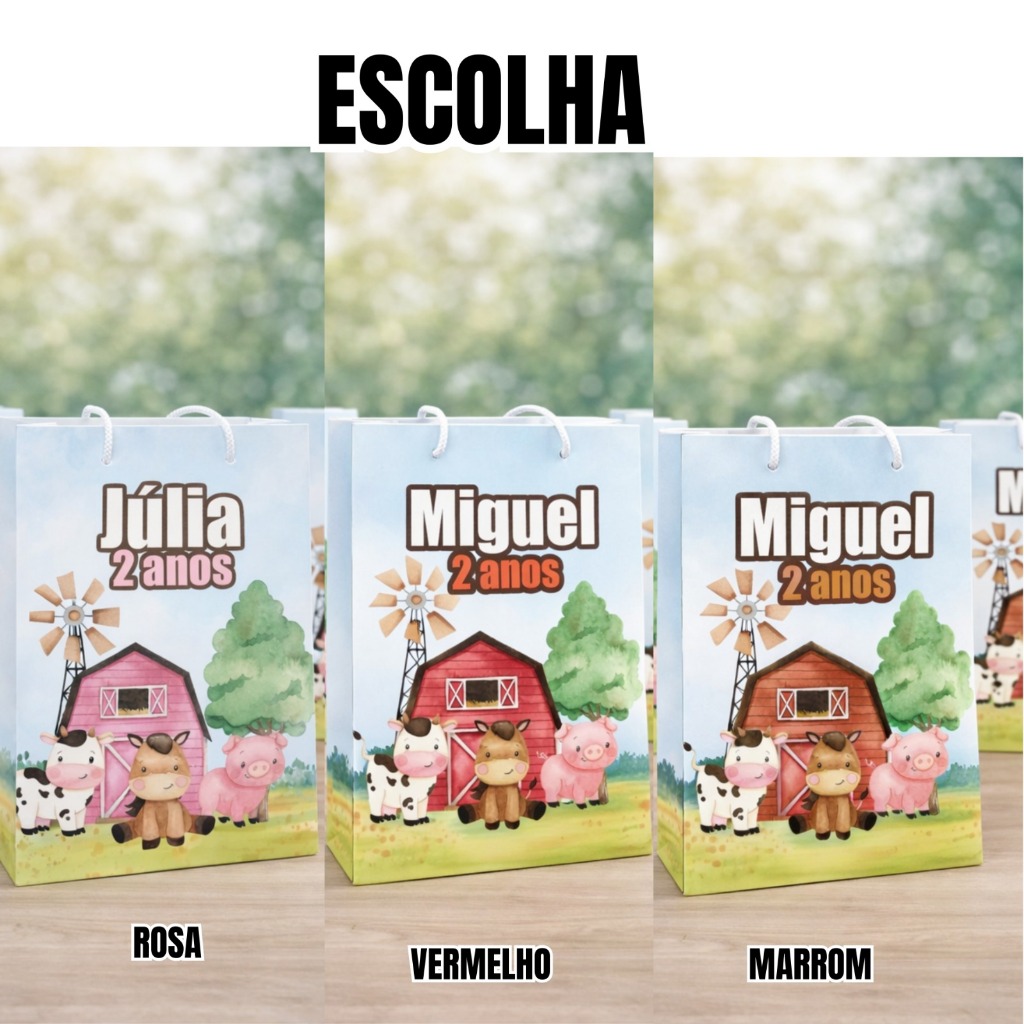 Sacolinha Personalizada Lembrancinha Festa Aniversário Pegue e Monte - Fazendinha Rosa Menina /Vermelho Menino/ Marrom